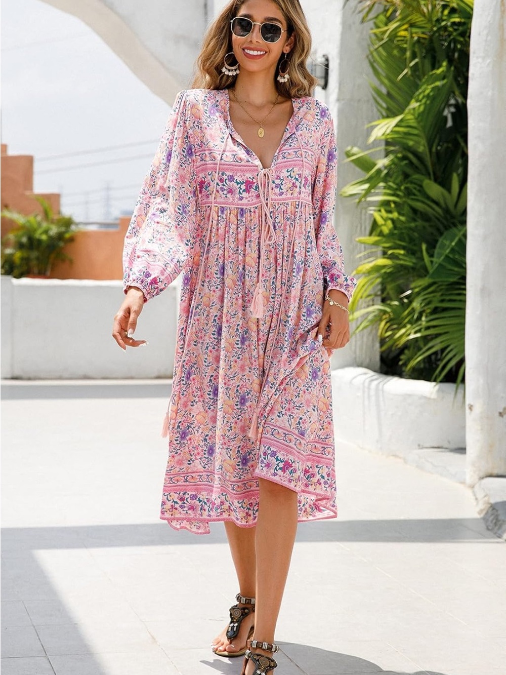 R. Vivimos Pink Floral Long Sleeve Boho Dress